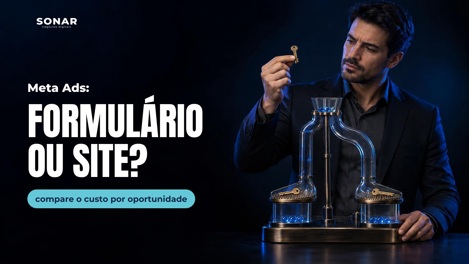 À direita, homem de terno examina uma chave de latão junto a um mecanismo com dois percursos transparentes, peneiras, chaves e esferas azuis. Iluminação azul sobre fundo escuro, com a metade esquerda vazia. Manchete: Meta Ads: FORMULÁRIO OU SITE? — compare o custo por oportunidade