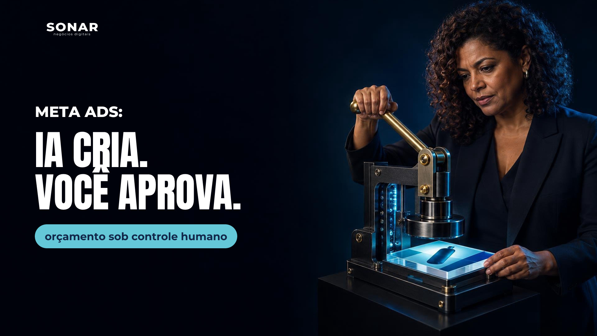 À direita, uma profissional de blazer examina uma placa translúcida iluminada em azul numa prensa manual, mantendo a mão na alavanca de latão erguida. A metade esquerda permanece escura e vazia. Manchete: META ADS: IA CRIA. VOCÊ APROVA. — orçamento sob controle humano