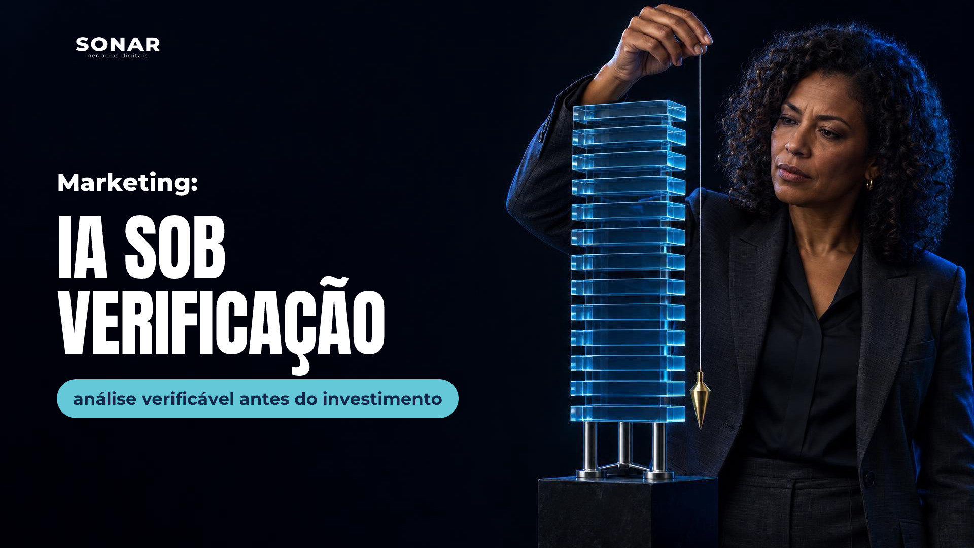 À direita, mulher de cabelos cacheados e terno escuro verifica com um prumo dourado uma torre de placas translúcidas azuis sobre três apoios. Fundo escuro, com a metade esquerda vazia. Manchete: Marketing: IA SOB VERIFICAÇÃO — análise verificável antes do investimento