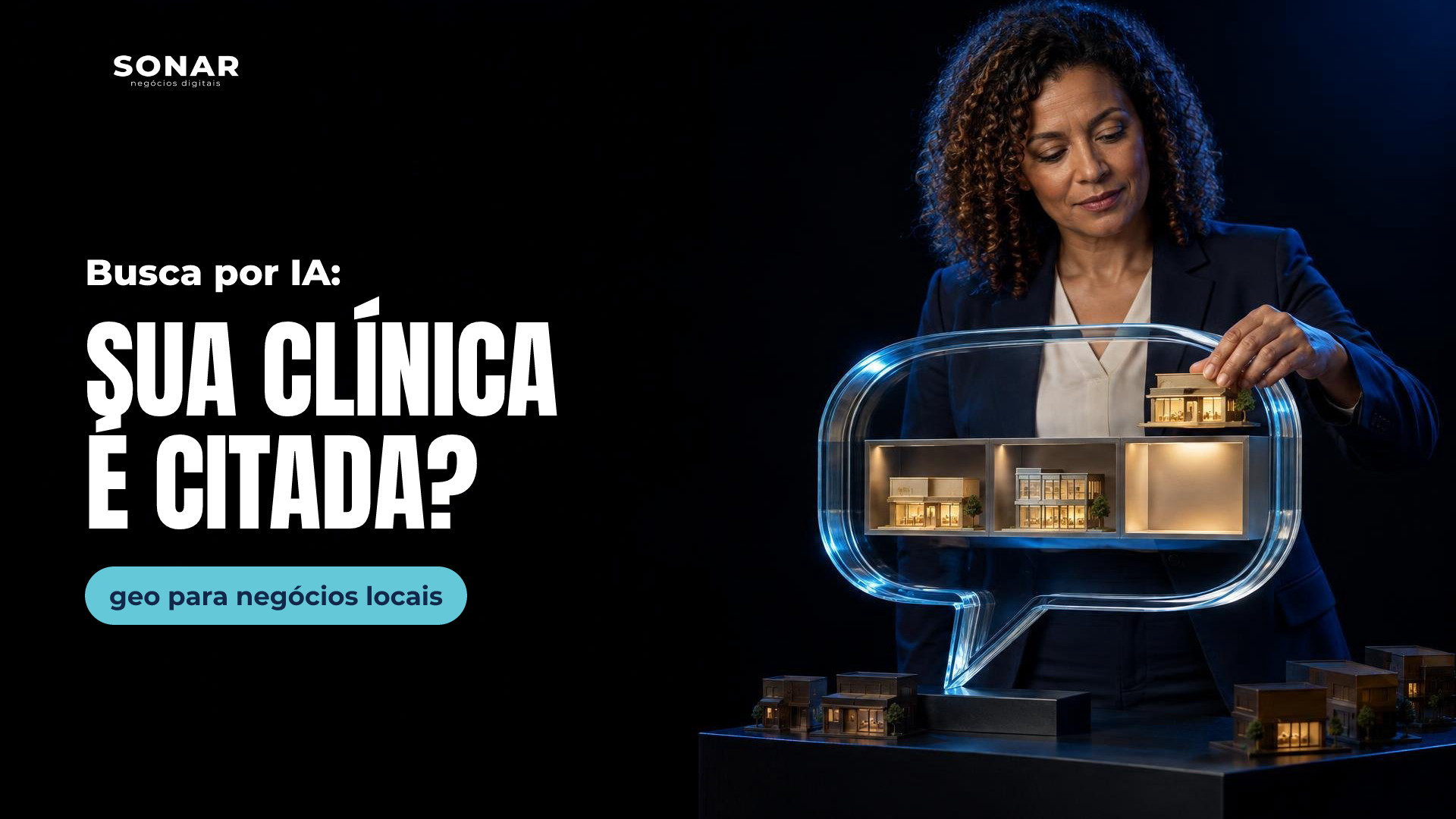 À direita, mulher de terno posiciona uma pequena fachada junto aos nichos iluminados de um balão de vidro. Outras maquetes ficam na base escura. Luz azul contorna a cena; a metade esquerda permanece vazia e escura. Manchete: Busca por IA: SUA CLÍNICA É CITADA? — geo para negócios locais
