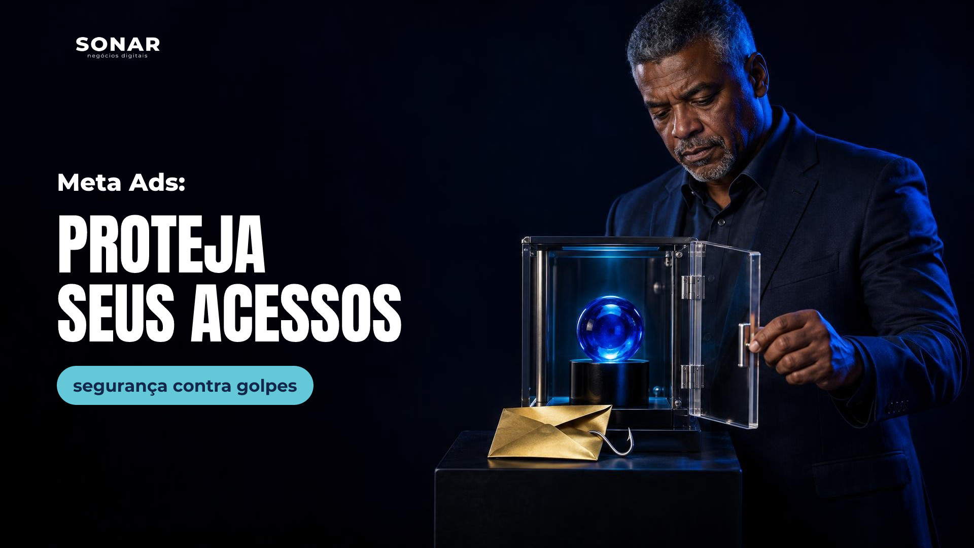 À direita, homem maduro de terno segura a porta de uma caixa de vidro com esfera azul luminosa. À frente, um anzol emerge de um envelope dourado. Iluminação azul e fundo escuro, com a metade esquerda vazia. Manchete: Meta Ads: PROTEJA SEUS ACESSOS — segurança contra golpes