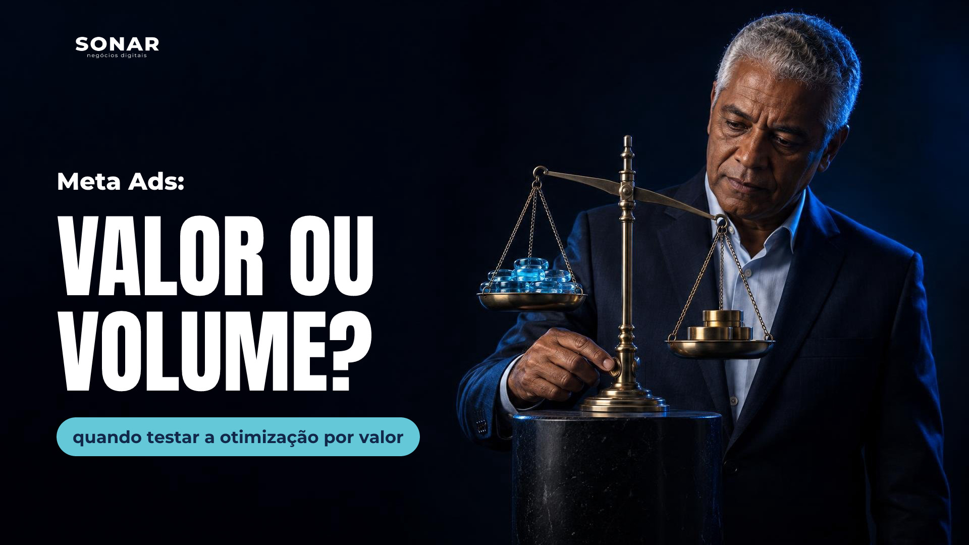 Homem maduro de cabelos prateados e terno ajusta uma balança à direita. Muitas fichas azuis ficam no prato elevado; poucas peças douradas pesam mais no outro. Luz azul e fundo escuro, com espaço vazio à esquerda. Manchete: Meta Ads: VALOR OU VOLUME? — quando testar a otimização por valor