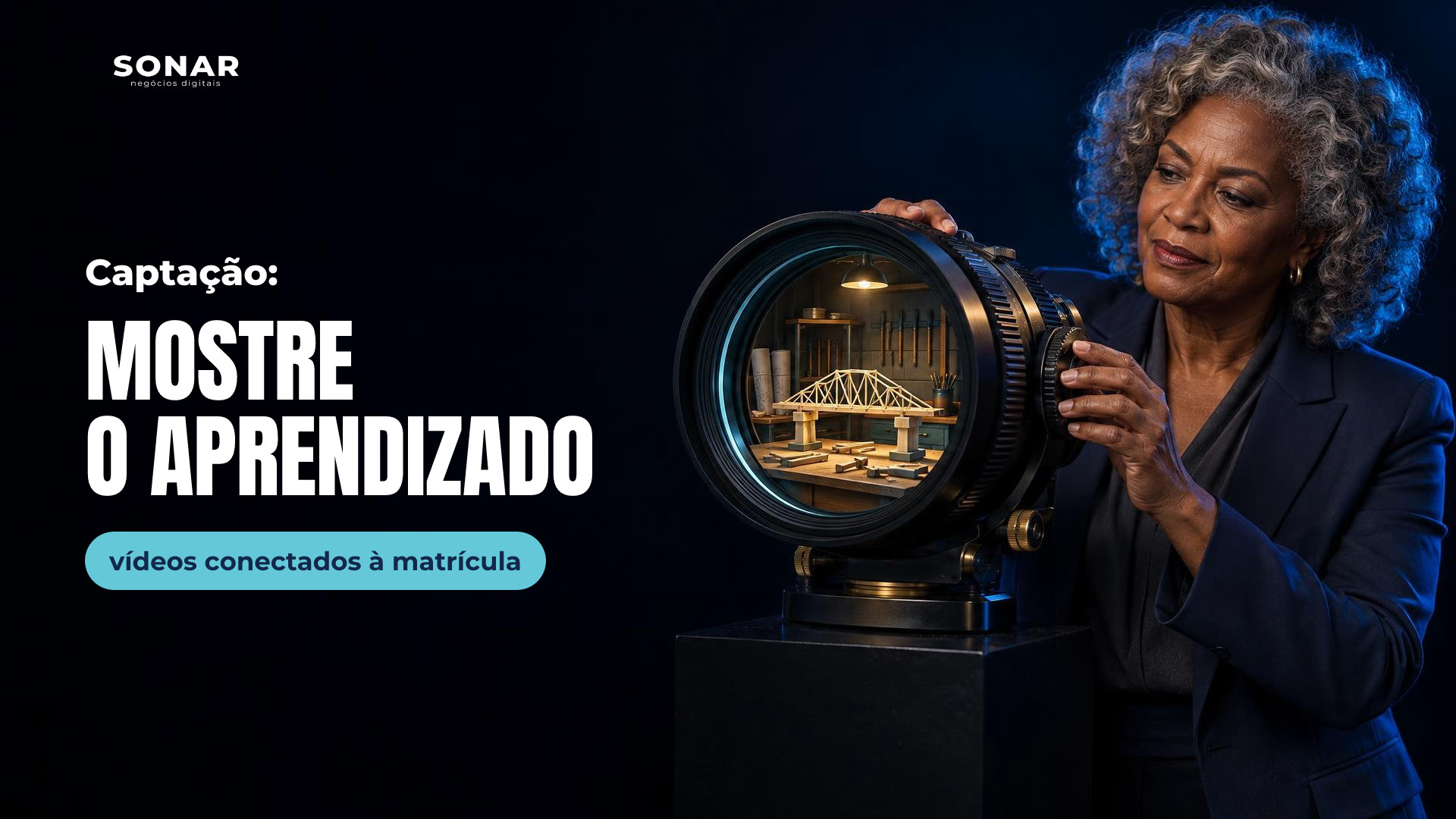 Mulher de pele escura, cachos grisalhos e terno ajusta uma grande lente que contém uma bancada com ponte em miniatura e ferramentas. Composição à direita, fundo escuro e iluminação azul, com amplo espaço vazio à esquerda. Manchete: Captação: MOSTRE O APRENDIZADO — vídeos conectados à matrícula