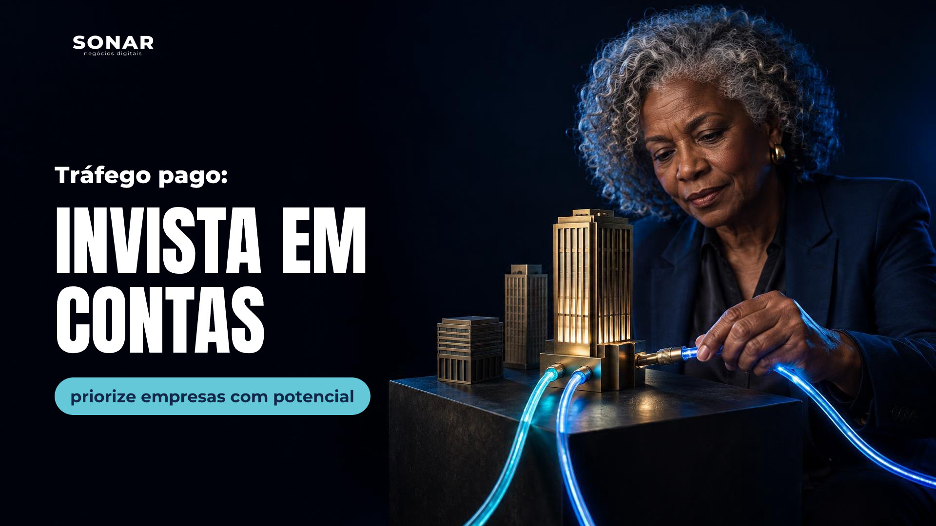 À direita, mulher de pele escura e cachos grisalhos, em traje executivo, conecta um cabo azul luminoso à maquete dourada de um edifício. Dois outros cabos convergem à base; duas maquetes menores ficam ao lado. Fundo escuro e amplo espaço à esquerda. Manchete: Tráfego pago: INVISTA EM CONTAS — priorize empresas com potencial
