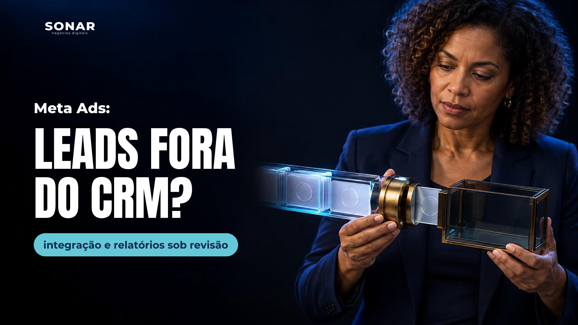 À direita, mulher de cabelos cacheados e blazer escuro examina um conector metálico entre cartões translúcidos e uma caixa receptora vazia. Luz azul destaca o mecanismo; a metade esquerda permanece escura e livre. Manchete: Meta Ads: LEADS FORA DO CRM? — integração e relatórios sob revisão
