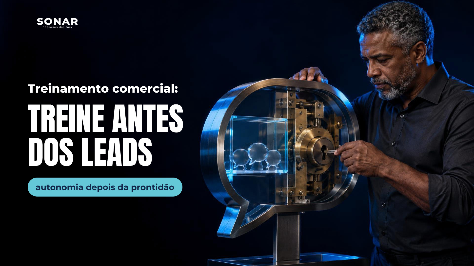 À direita, um profissional manipula uma fechadura com mecanismo exposto em formato de balão de conversa. Pequenos balões de cristal ficam em uma caixa transparente. Luz azul destaca a cena sobre fundo escuro, com amplo espaço vazio à esquerda. Manchete: Treinamento comercial: TREINE ANTES DOS LEADS — autonomia depois da prontidão