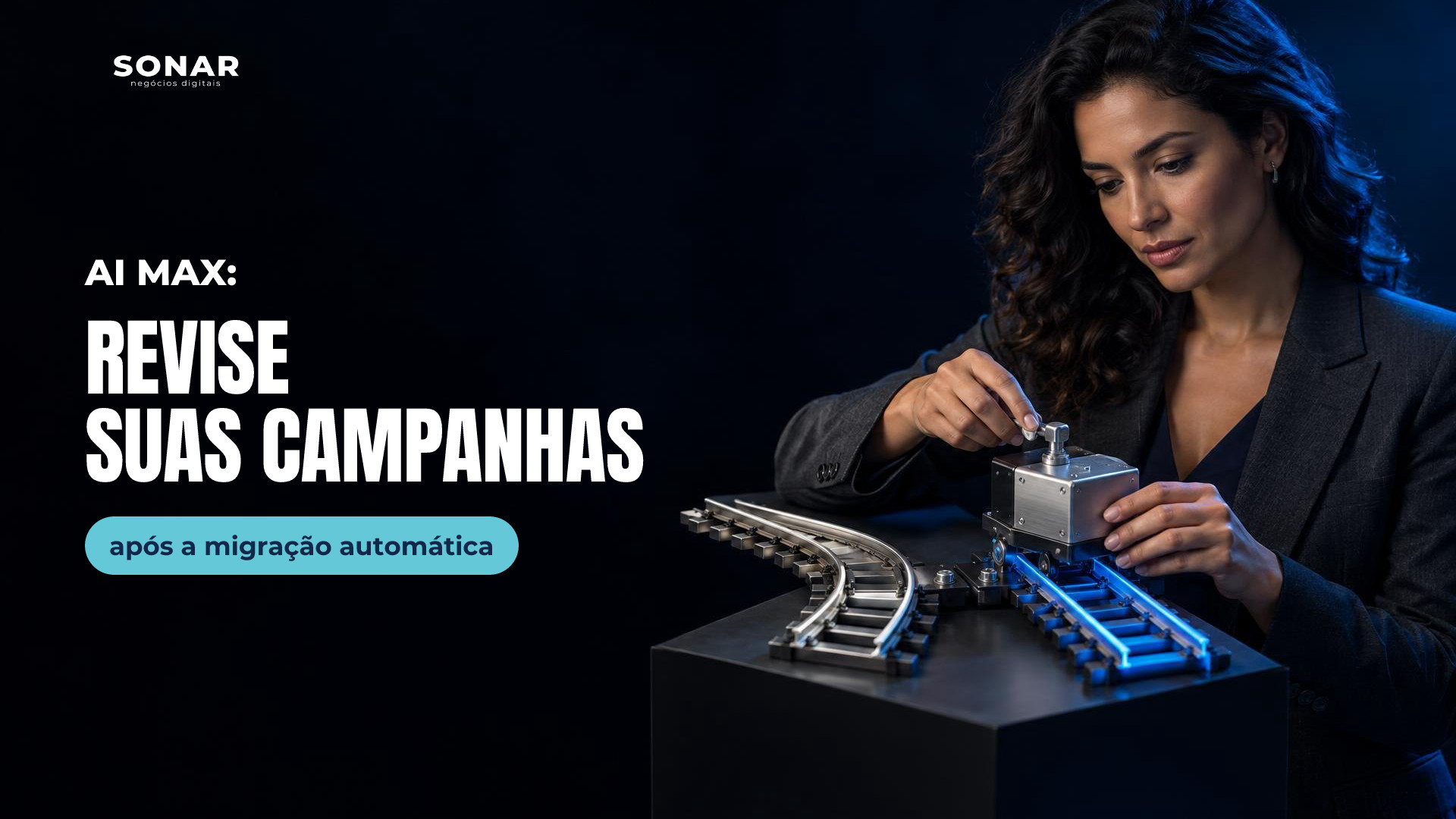 Mulher de blazer confere a trava de um módulo metálico encaixado em um trilho azul, ao lado de uma rota vazia em miniatura. Cena concentrada à direita, com iluminação azul e amplo fundo escuro à esquerda. Manchete: AI MAX: REVISE SUAS CAMPANHAS — após a migração automática