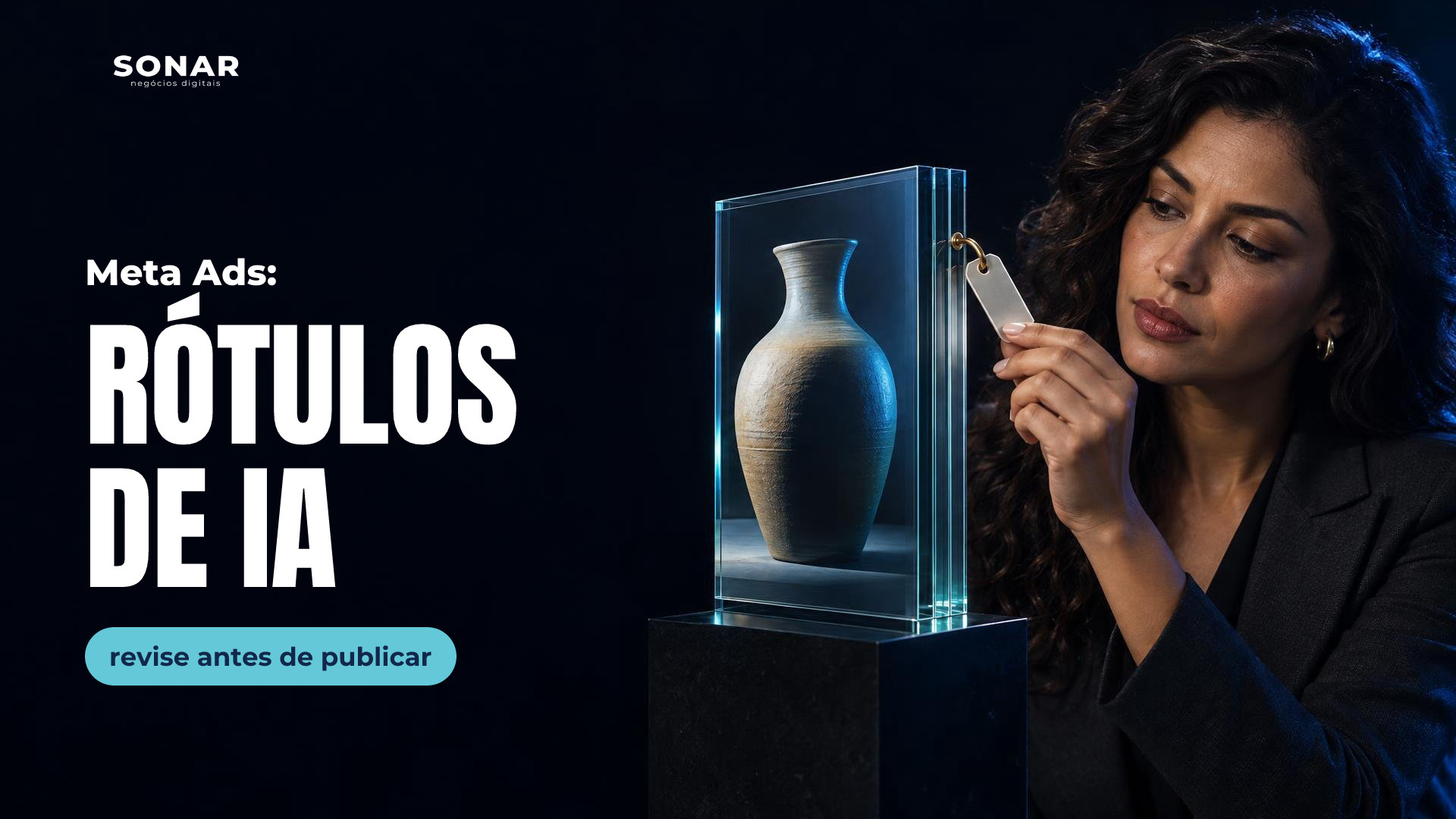 Mulher de blazer escuro examina uma etiqueta sem inscrições presa a um painel de vidro em camadas com imagem de vaso. A cena ocupa a direita, sob luz azul, enquanto a esquerda permanece escura e livre. Manchete: Meta Ads: RÓTULOS DE IA — revise antes de publicar