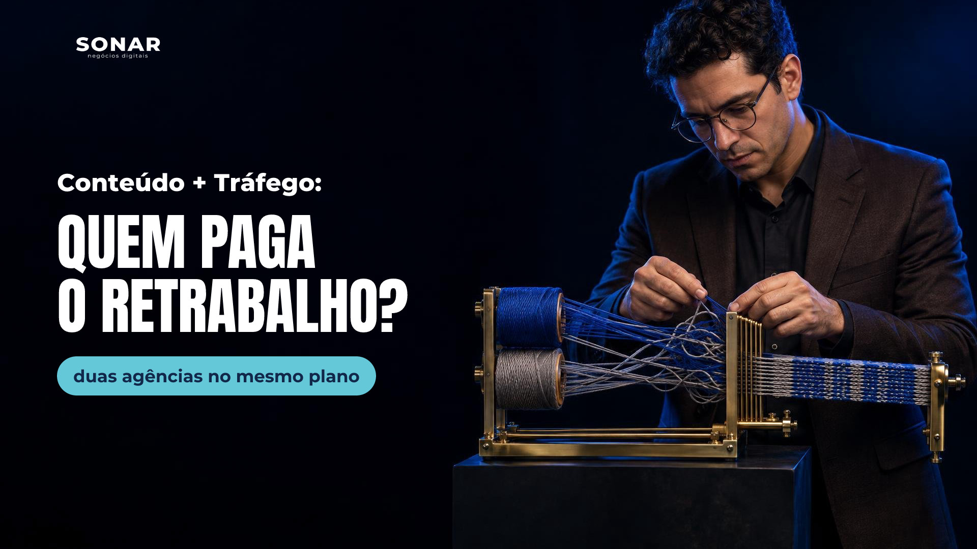 Homem de óculos e terno escuro organiza fios azuis e cinza emaranhados em um tear de latão, formando uma faixa tecida. A cena ocupa a direita, sob luz azul, com amplo espaço escuro à esquerda. Manchete: Conteúdo + Tráfego: QUEM PAGA O RETRABALHO? — duas agências no mesmo plano