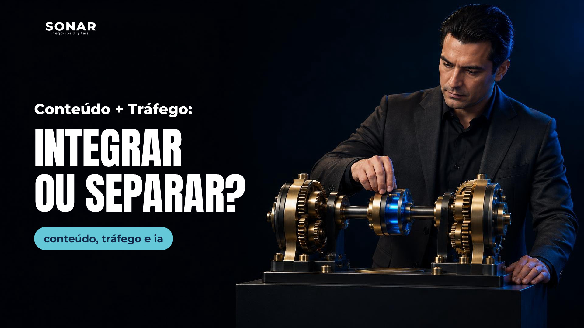 Homem de terno grafite, à direita, ajusta um eixo com núcleo azul luminoso que conecta dois conjuntos de engrenagens de latão. Fundo escuro, iluminação cinematográfica azul e amplo espaço vazio à esquerda. Manchete: Conteúdo + Tráfego: INTEGRAR OU SEPARAR? — conteúdo, tráfego e ia
