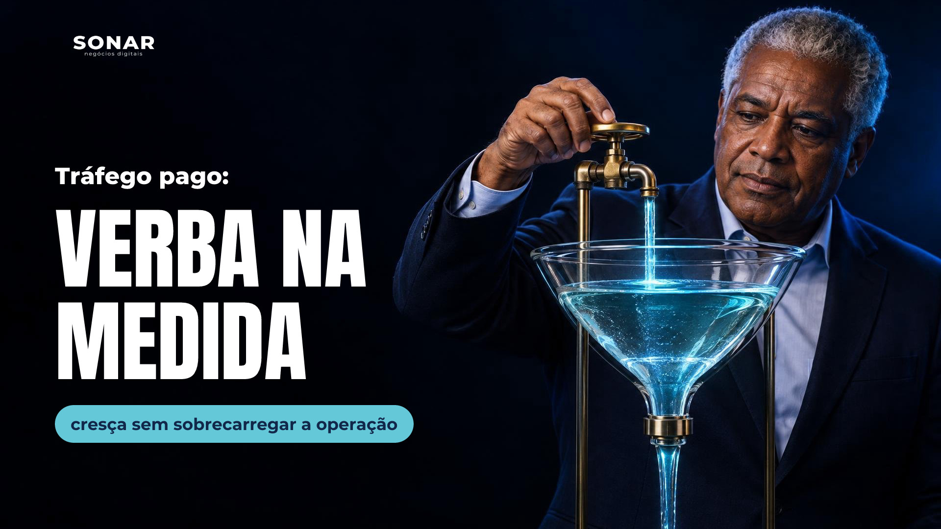 À direita, um homem de terno ajusta uma válvula dourada que despeja líquido azul luminoso em um funil de vidro com saída estreita, sem transbordar. Fundo escuro e amplo espaço vazio à esquerda. Manchete: Tráfego pago: VERBA NA MEDIDA — cresça sem sobrecarregar a operação