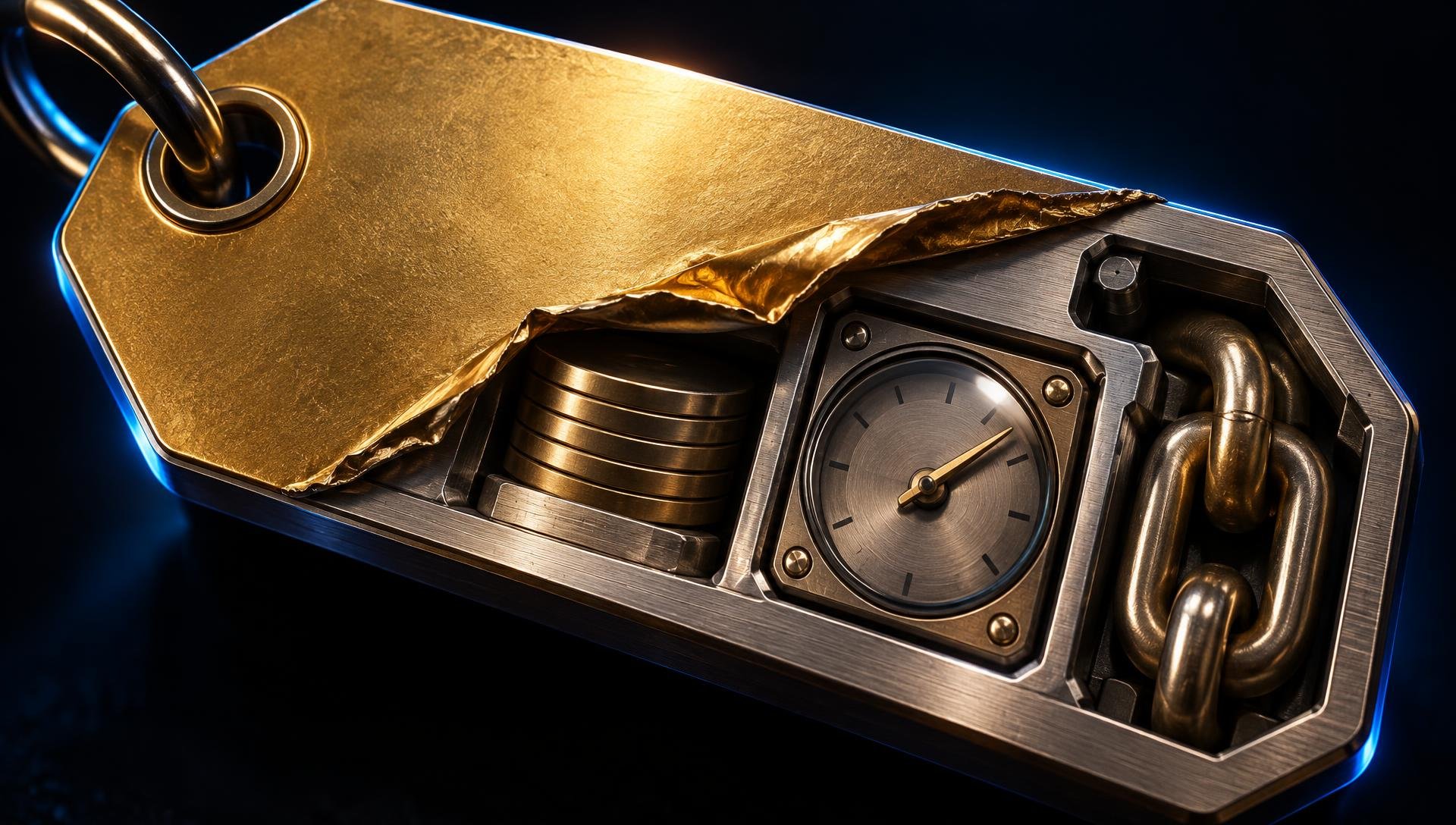Close de etiqueta metálica espessa com revestimento dourado parcialmente arrancado, revelando discos empilhados, um medidor sem números e elos de corrente em compartimentos integrados. Fundo escuro e luz azul nas bordas.