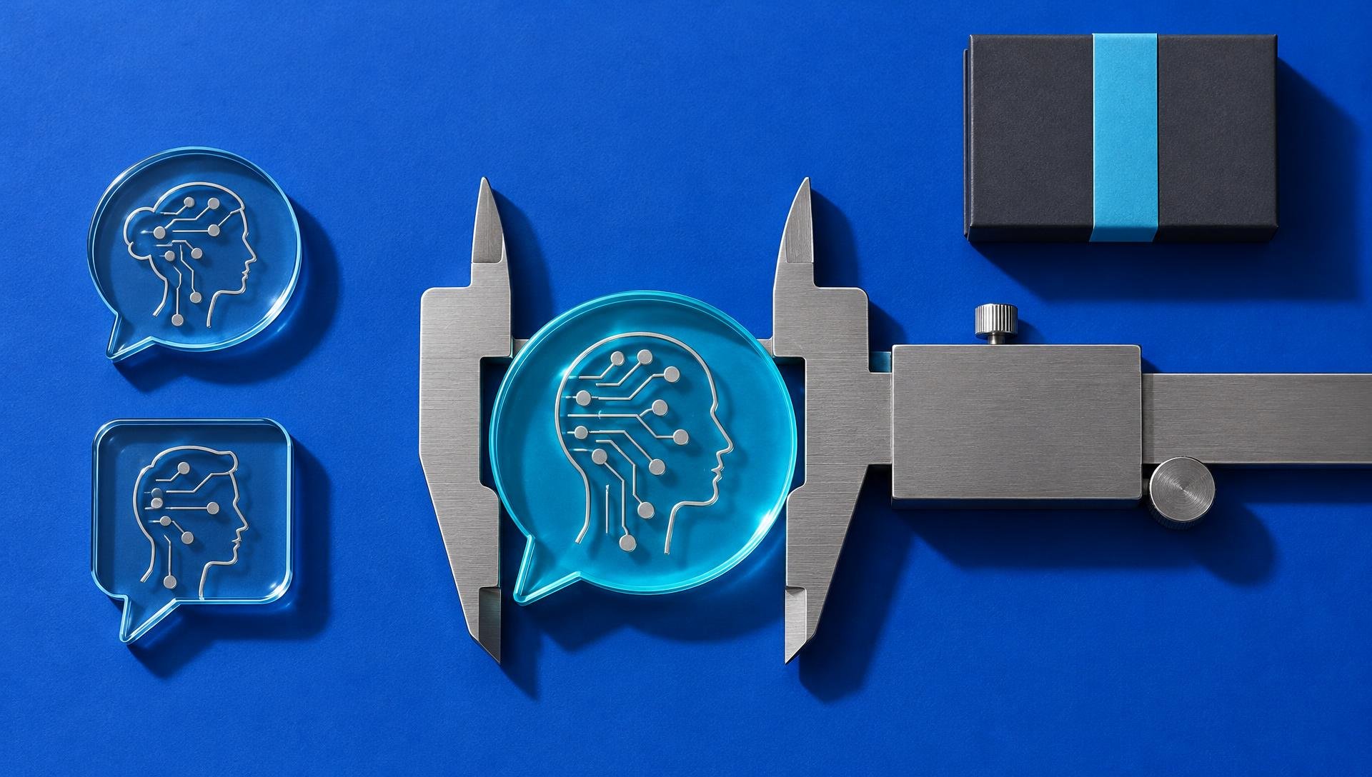 Vista superior de um paquímetro medindo uma ficha azul em forma de balão de conversa com perfil humano de circuitos. Duas fichas semelhantes ficam à esquerda e uma caixa preta fechada com faixa azul, no alto à direita, sobre fundo azul.