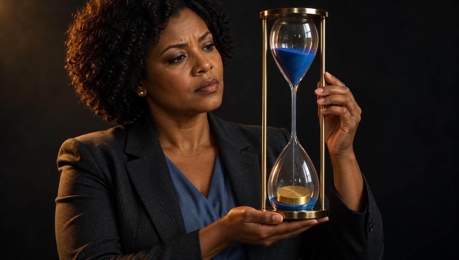 Empresária de blazer escuro observa atentamente a areia azul de uma ampulheta dourada de pescoço muito longo, que segura com as duas mãos. Um disco dourado repousa na base, sob iluminação cinematográfica e fundo escuro.