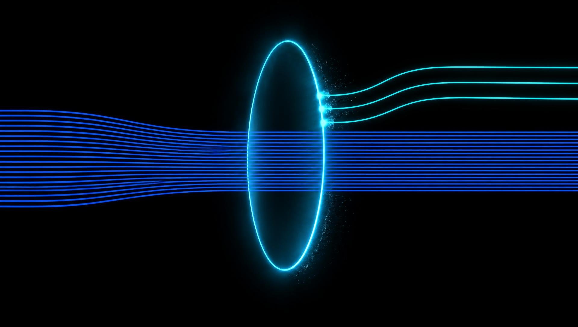Sobre fundo preto, um anel ciano luminoso envolve um feixe horizontal de linhas azuis que o atravessam. Três novas linhas ciano nascem na borda direita do anel e se curvam para cima, ampliando o fluxo por fora.