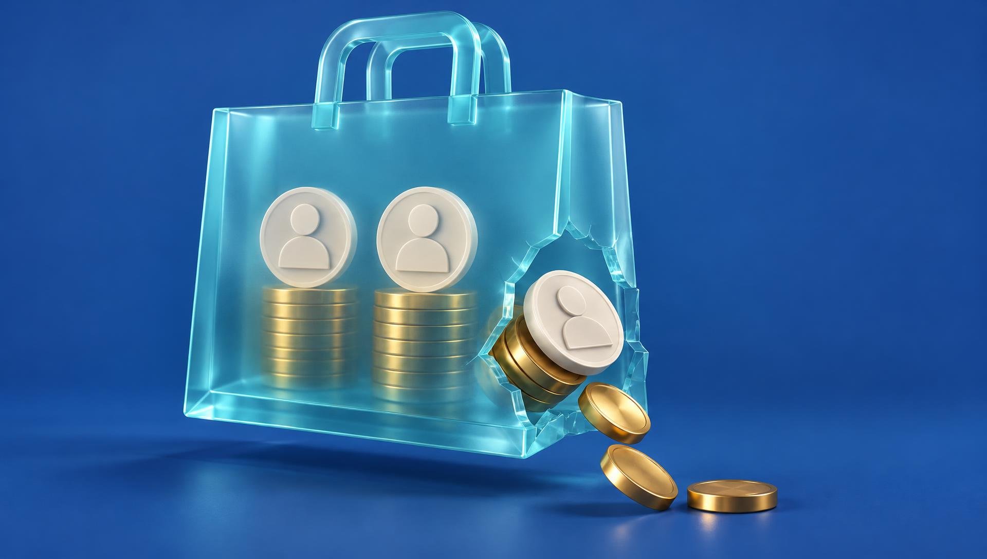 Sacola translúcida azul em 3D com duas fichas de pessoas sobre pilhas de discos dourados. Uma terceira ficha e seus discos escapam por uma abertura quebrada no canto inferior direito, sobre fundo azul.