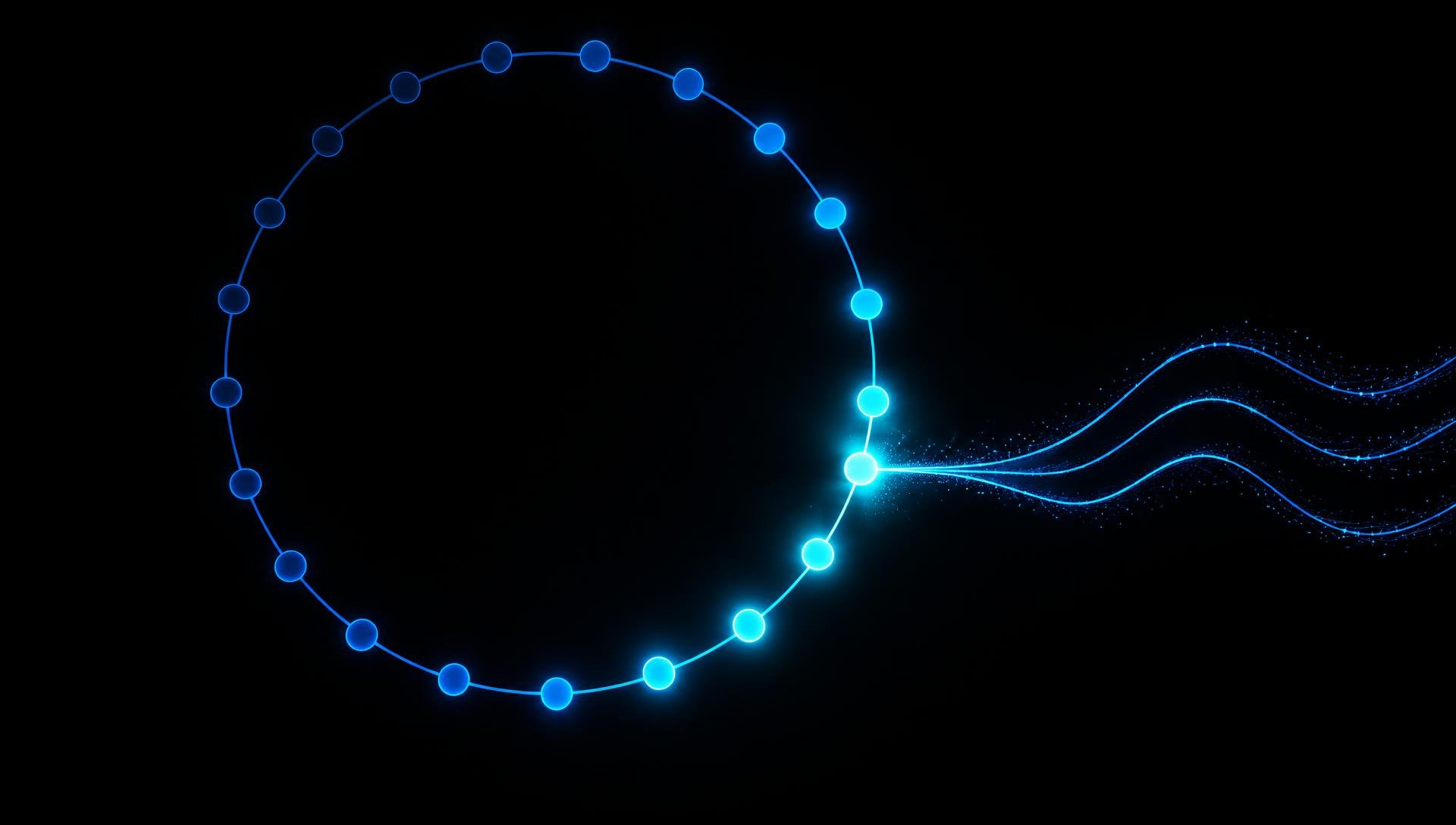 Sobre fundo preto, pontos azuis formam um circuito circular. Ondas luminosas convergem pela direita em um ponto brilhante, enquanto parte do anel se ilumina em ciano e os demais pontos permanecem mais escuros.
