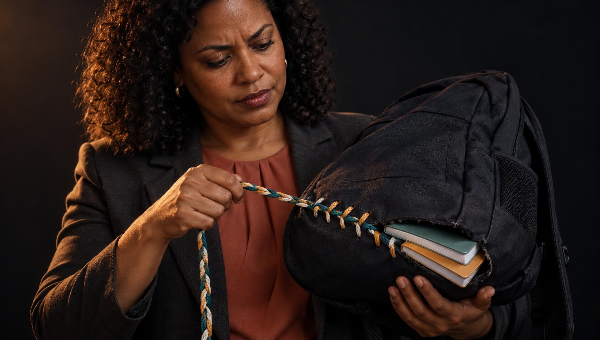 Mulher de blazer, com expressão concentrada, fecha um rasgo na parte inferior de uma mochila preta usando um cordão trançado de três cores. Cadernos aparecem pela abertura, sob iluminação dramática e fundo escuro.