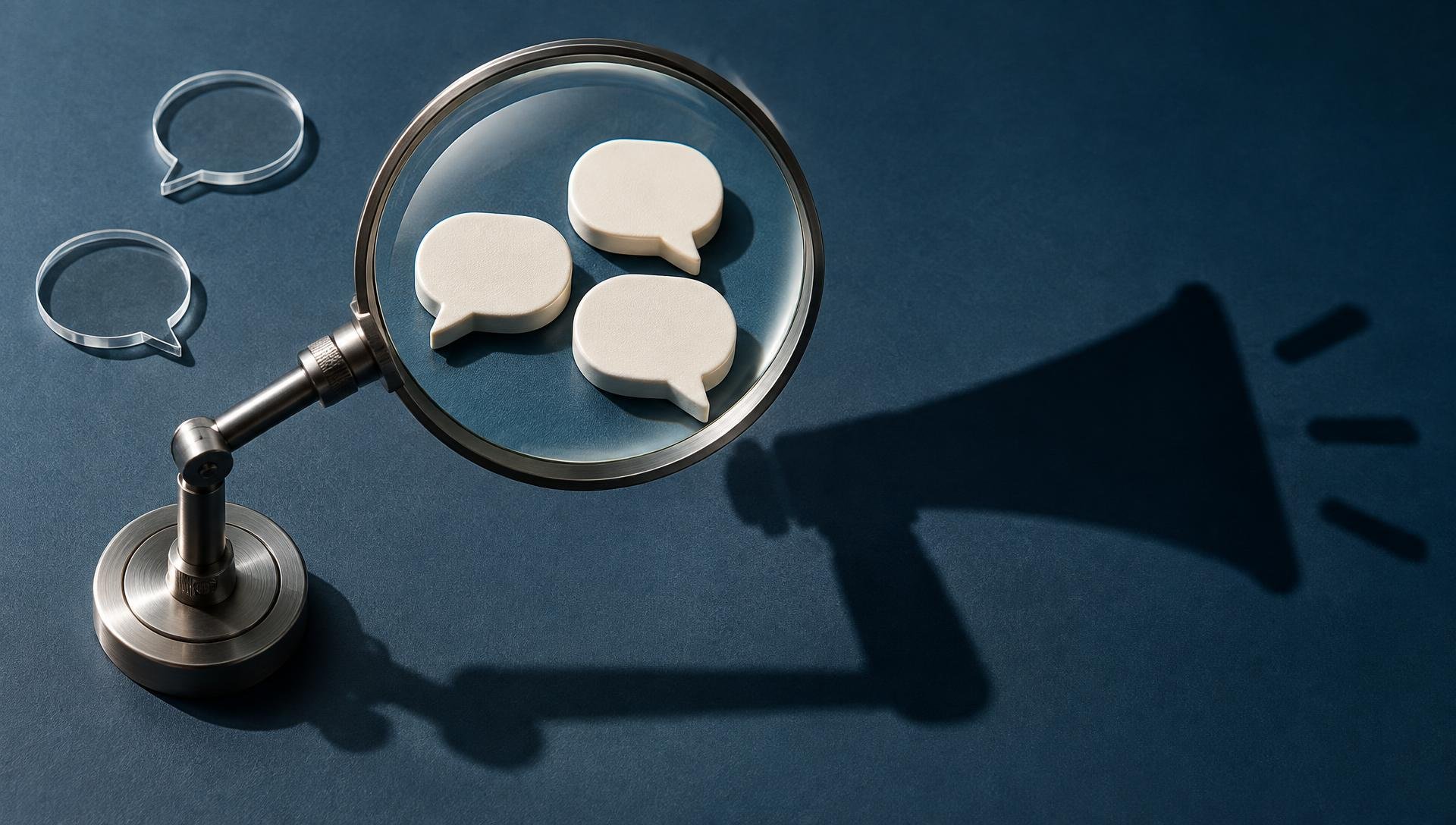 Lupa metálica sobre três fichas brancas em forma de balões de fala projeta uma sombra de megafone no fundo azul-escuro. Dois contornos transparentes de balões ficam separados, fora da lente.