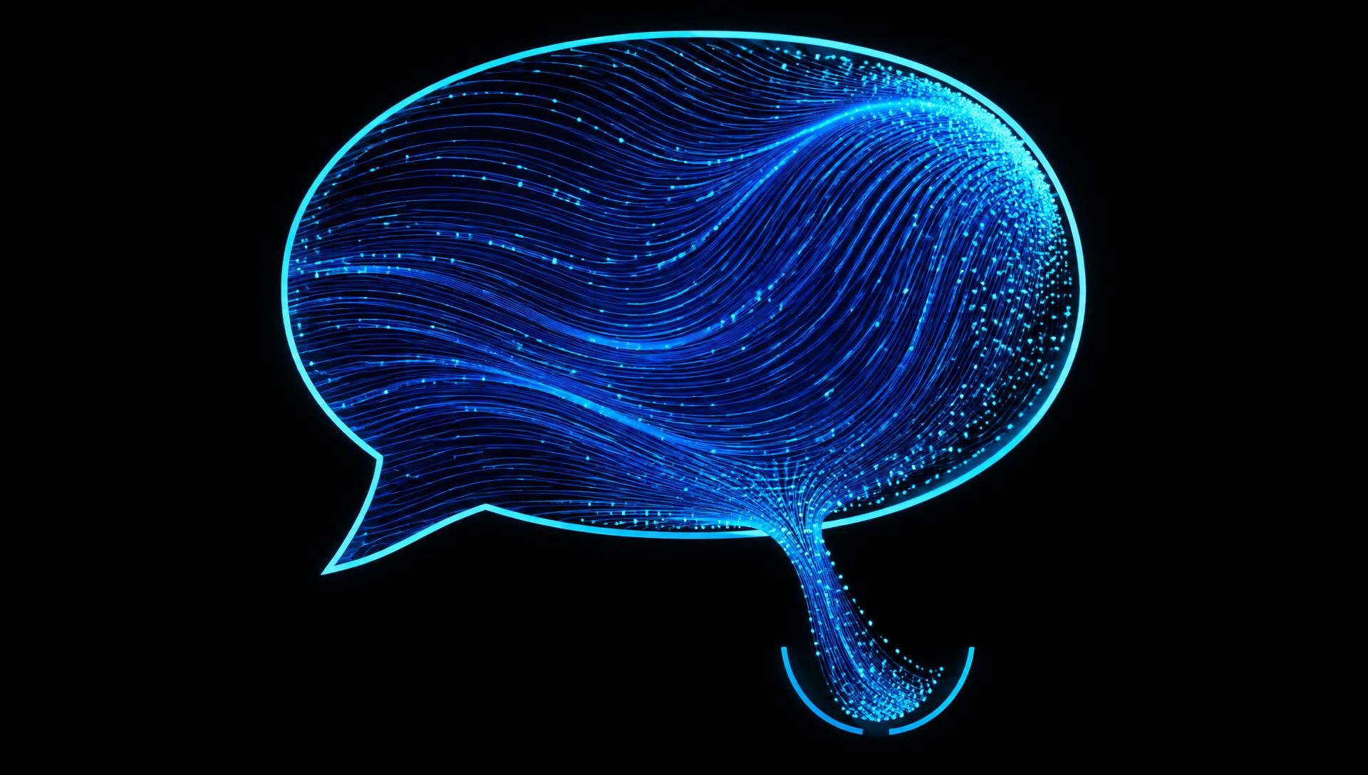 Balão de conversa com contorno ciano, preenchido por ondas e pontos azuis luminosos sobre fundo preto. Um feixe se curva para fora pela parte inferior direita, em direção a um arco azul.