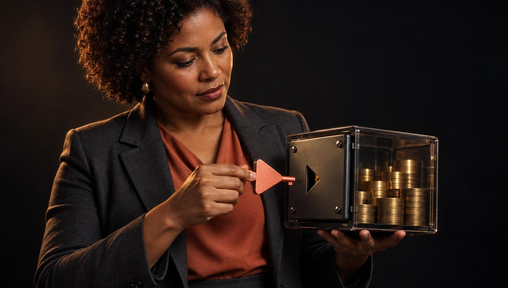 Empresária de blazer escuro observa atentamente uma chave em forma de play, aproximando-a da fechadura triangular de um cofre transparente cheio de moedas douradas, sob iluminação cinematográfica e fundo escuro.