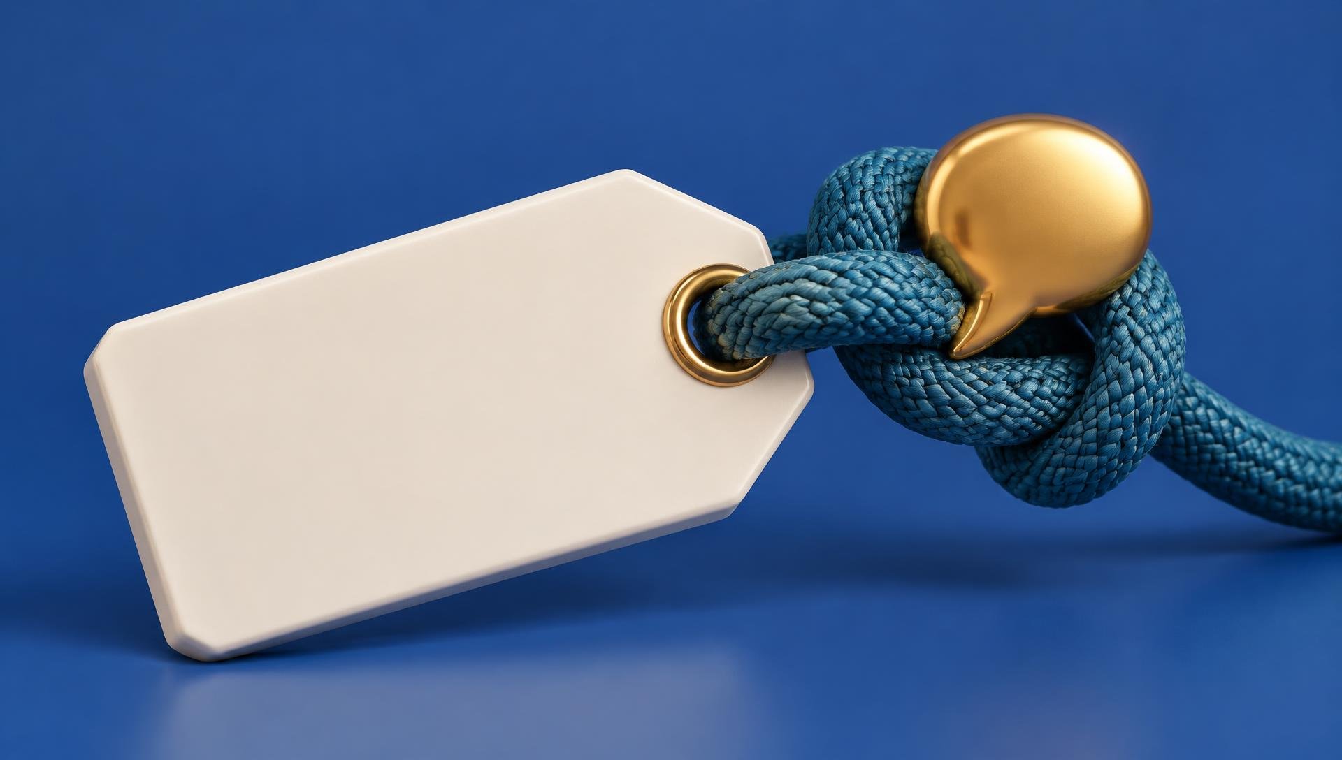 Renderização 3D de uma etiqueta branca sem inscrições, presa a um cordão azul com nó volumoso. Um balão de conversa dourado se insere entre as voltas do nó, sobre fundo azul.
