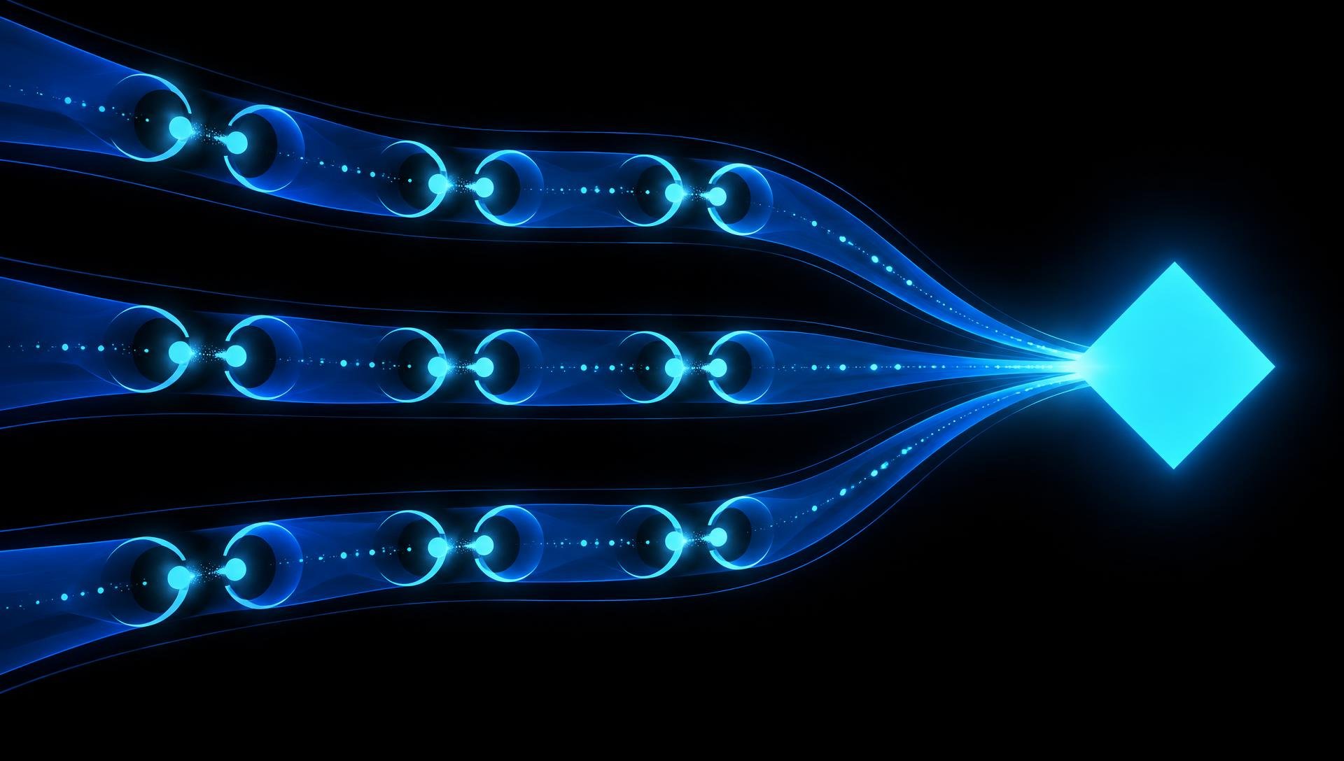 Três trilhas azuis paralelas, com arcos repetidos e partículas luminosas, convergem para um losango sólido ciano à direita, sobre fundo preto.
