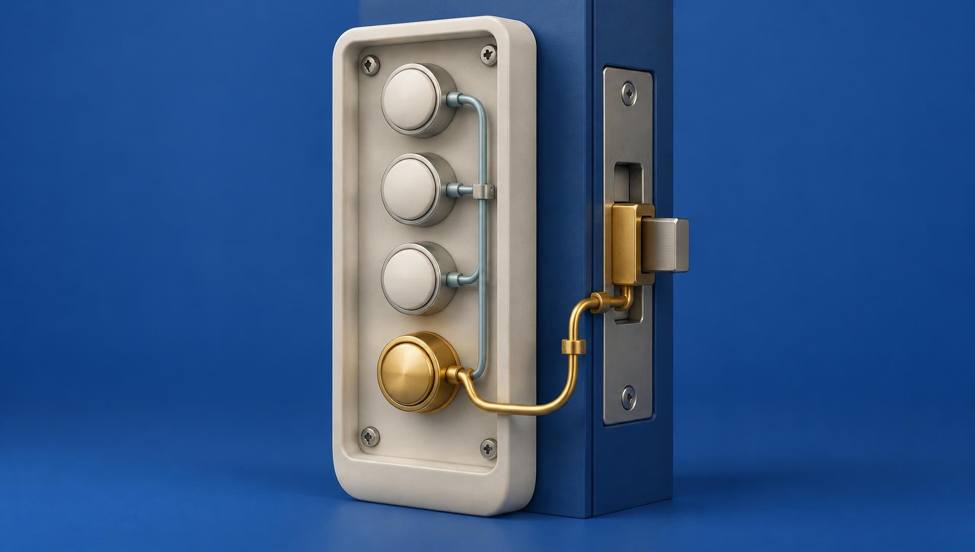 Interfone escultórico em 3D com quatro botões e conexões expostas sobre fundo azul. Três botões claros compartilham fios azulados; o botão dourado tem uma ligação dourada direta ao trinco da porta.